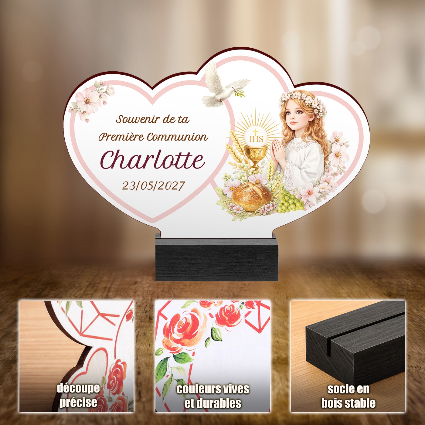 Murrano Personalized Wood Statue with Photo for a Girl's First Communion