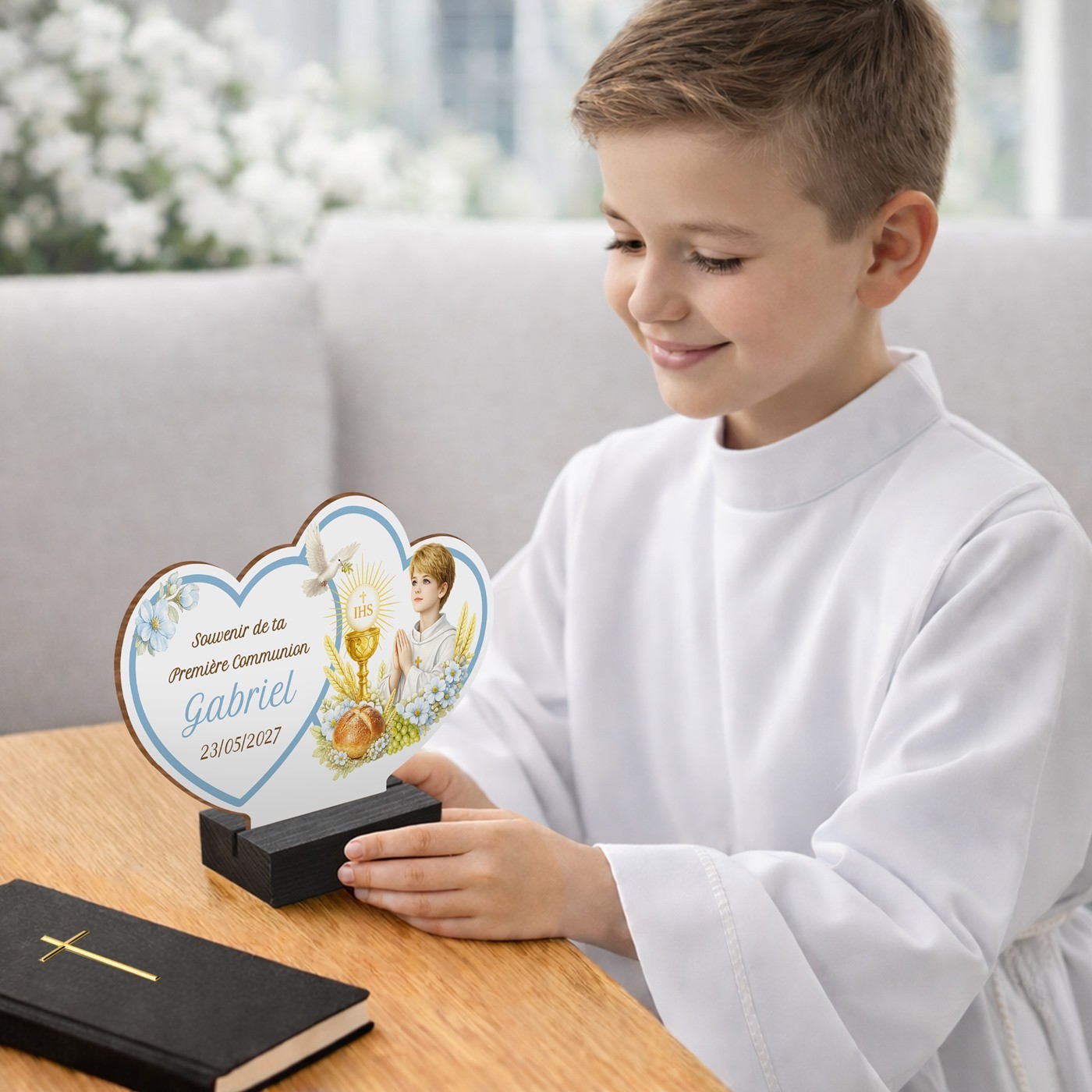 Murrano Custom Wood Statue with Photo for Boy's Communion
