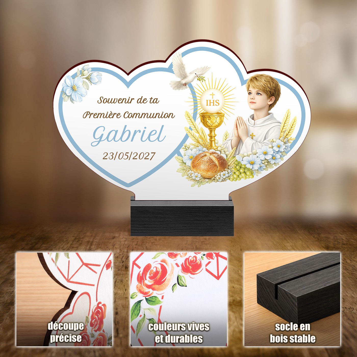 Murrano Custom Wood Statue with Photo for Boy's Communion