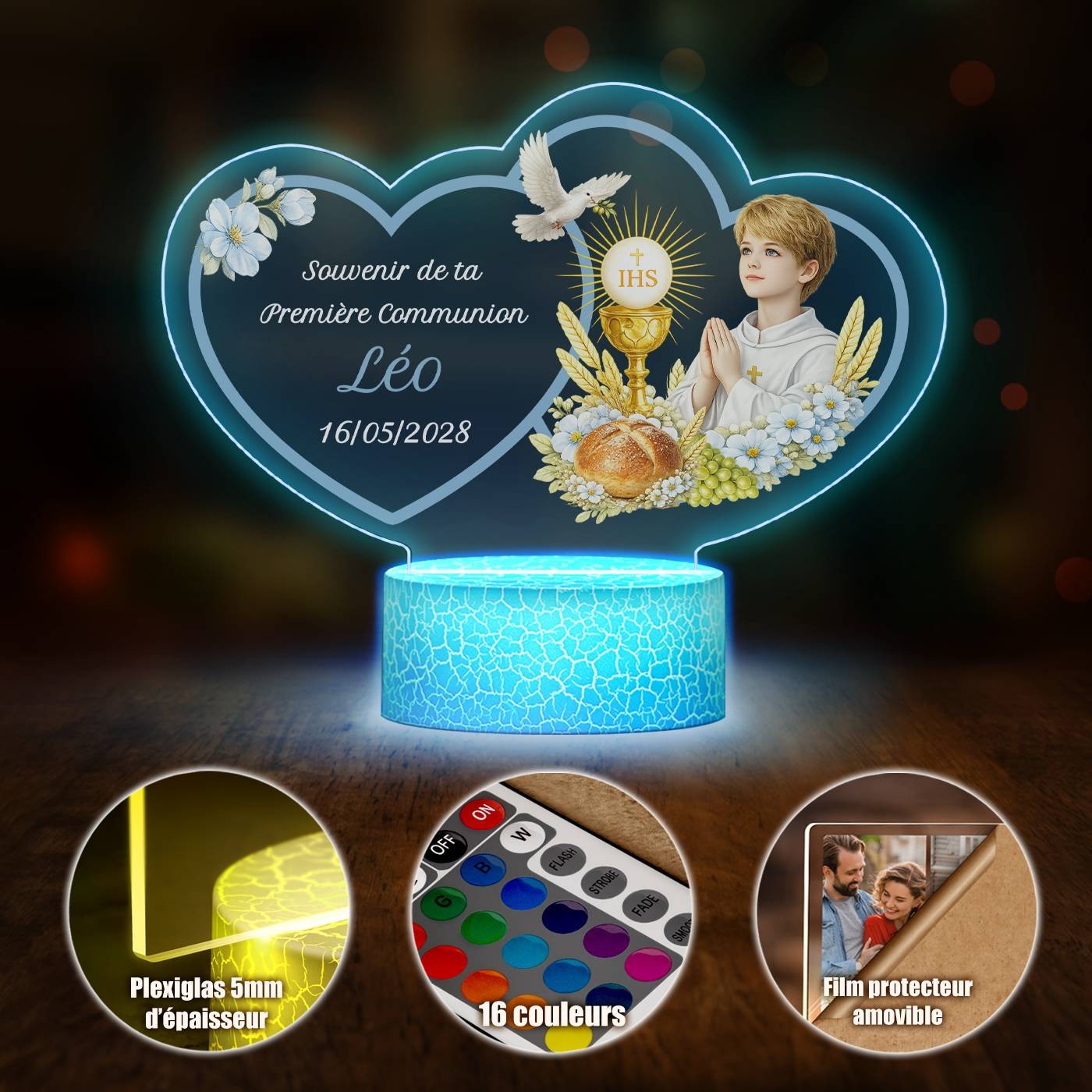 Lámpara LED Murrano 3D personalizada para la primera comunión de un niño