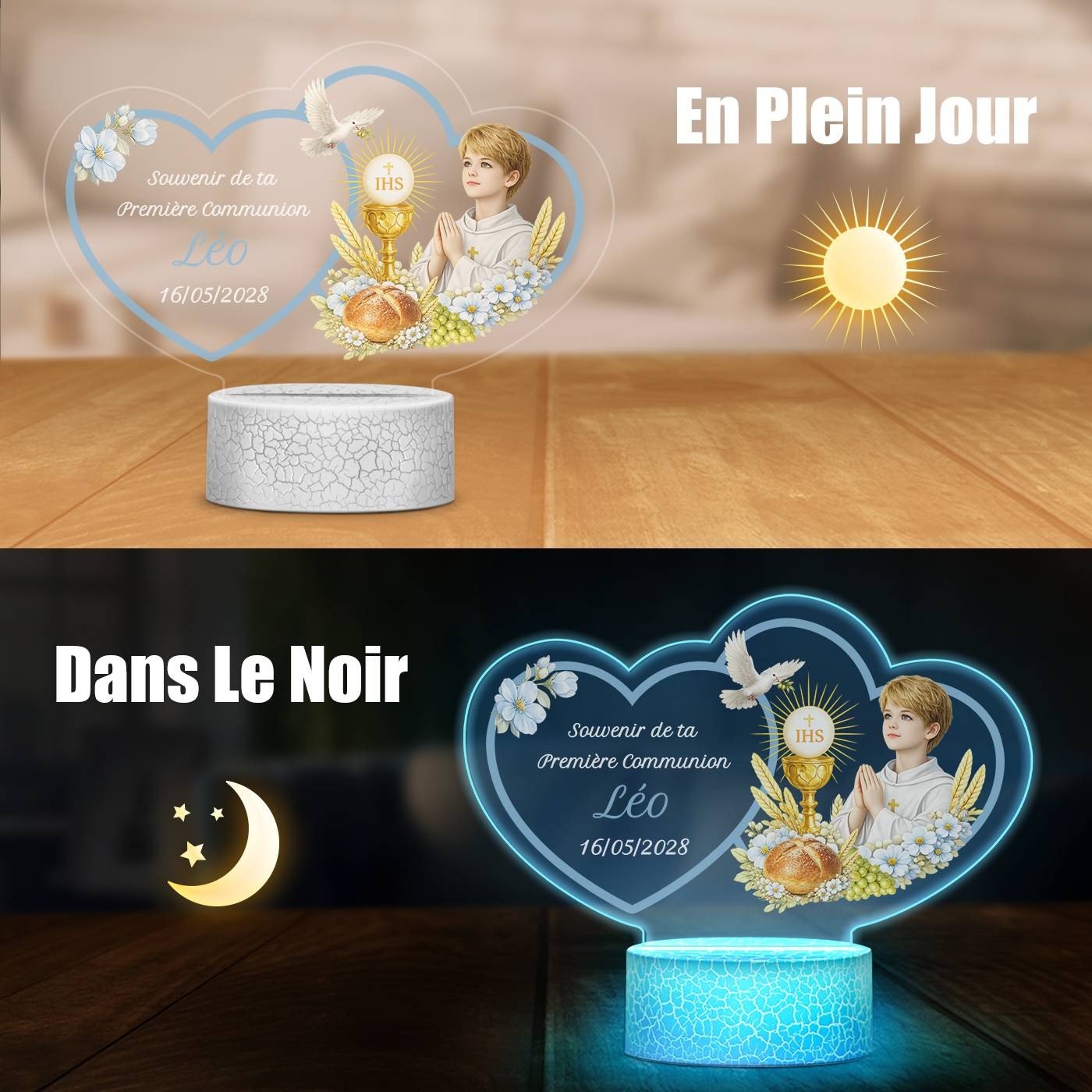 Lámpara LED Murrano 3D personalizada para la primera comunión de un niño