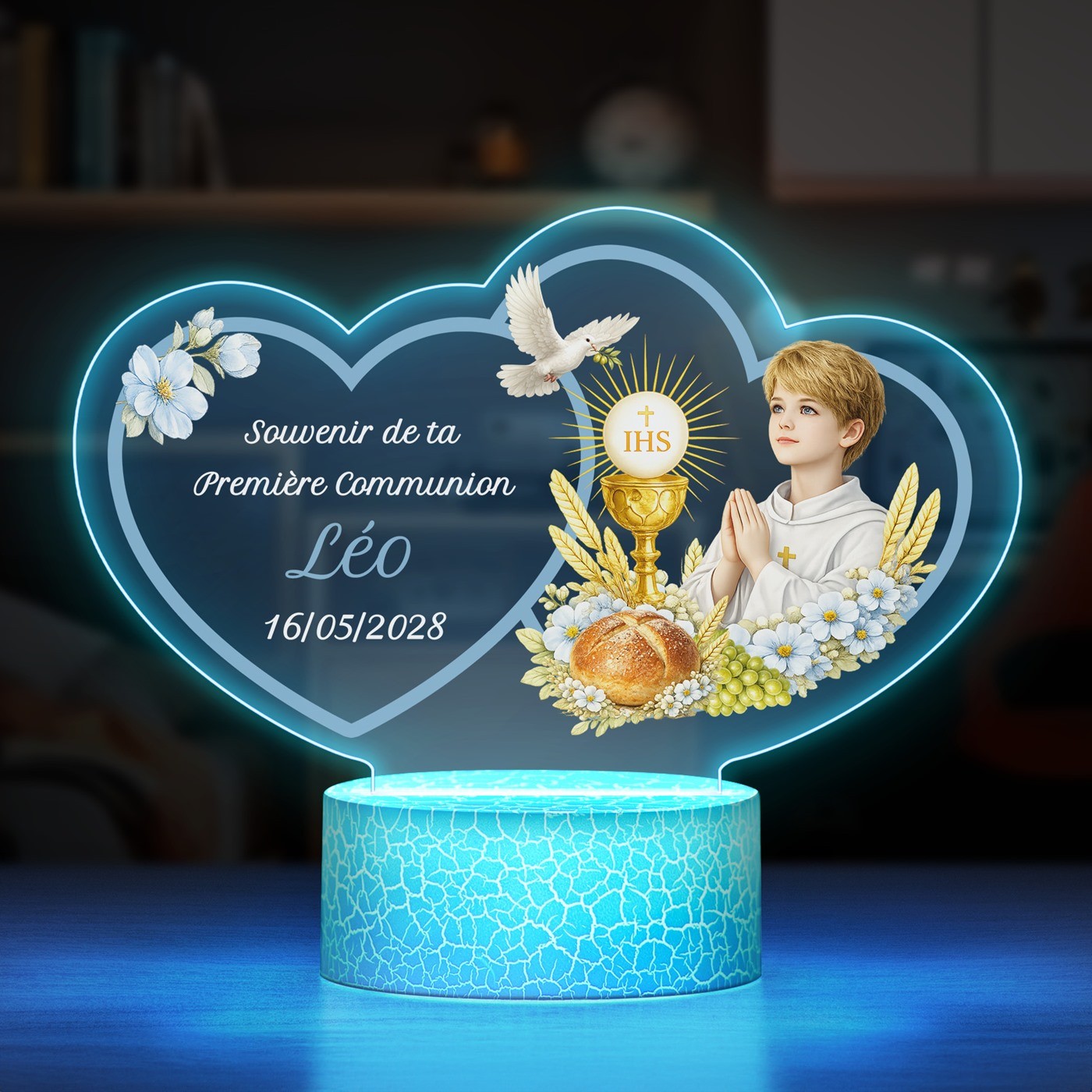 Lámpara LED Murrano 3D personalizada para la primera comunión de un niño