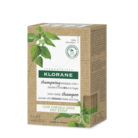 Máscara Champú 2 en 1 Klorane con Polvo de Ortiga Bio y Arcilla Absorbente, 8 Unidades