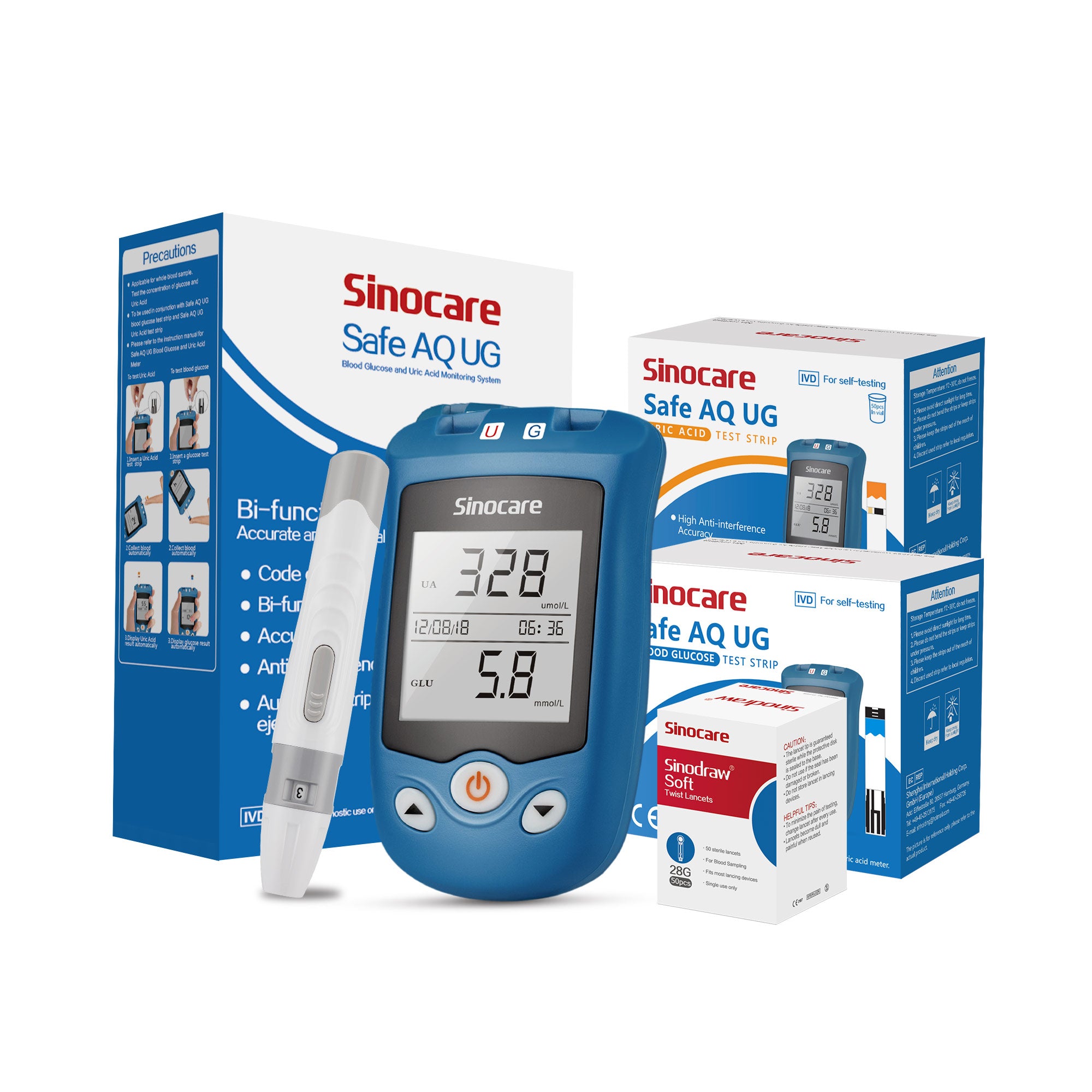 Medidor de glucosa y ácido úrico Sinocare Safe AQ UG con tiras de prueba avanzadas