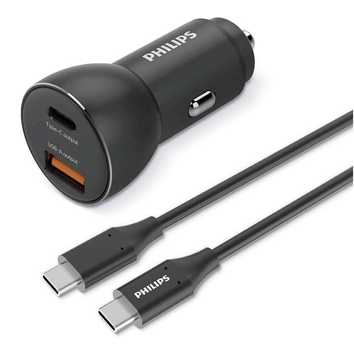 Philips Car USB Charger - DLP2521C/04 - Black - USB-C Cable Included - 36W USB-C and USB-A Output Fast Charging Adapter