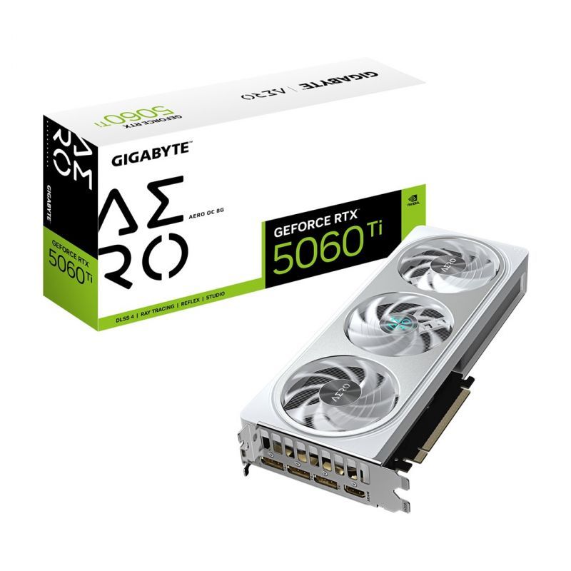 Carte graphique Gigabyte GeForce RTX 5060 Ti AERO OC 8G - 8 Go GDDR7, 128 bits, PCI-E 5.0, 2647 MHz Fréquence du processeur, 3 x DisplayPort, 1 x HDMI