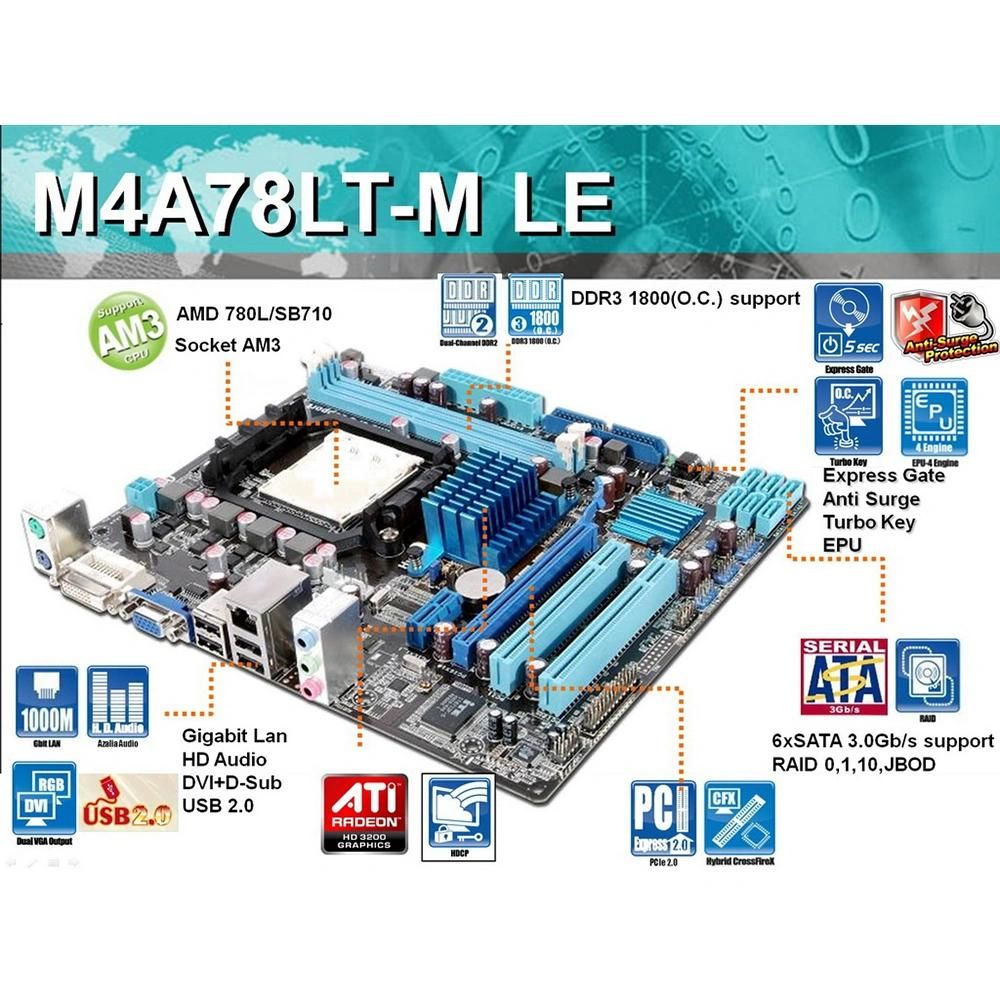 ASUS M4A78LT-M LE AMD 760G Micro ATX Motherboard (AM3, DDR3, 8GB)