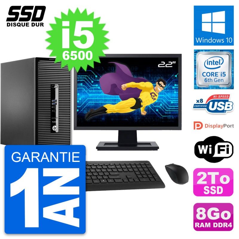 HP ProDesk 400 G3 MT Desktop Computer, 22" Screen, i5-6500, 8GB RAM, 2TB SSD, Windows 10, WiFi