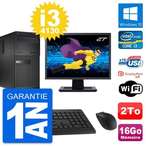 Ordinateur de bureau Dell OptiPlex XE2 MT - Écran 27'', Intel i3-4130, 16 Go RAM, 2 To Stockage, Windows 10