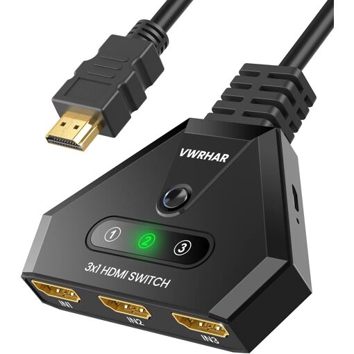 KALANKA 4K HDMI Switch, 3-Input 1-Output Multi HDMI with High-Speed Cable, HDCP 2.2 Compatible for TV, Fire Stick, PS5, Sky Box, Xbox, DVD Player, PC, Roku