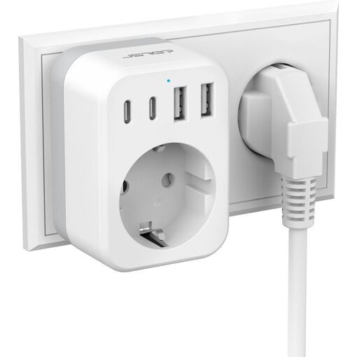 KALANKA Wall Multiport 5-in-1 Charger with 2 USB A and 2 USB C Ports (3.4A, 17W), Compact, Universal Adapter, Power Strip for iPad and iPhone (White)