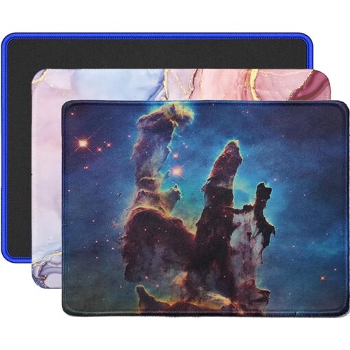 KALANKA Mouse Pad (Set of 3) with Sewn Edges, Non-Slip Rubber Base, Marble Black, Space Photo, 26cm x 21cm x 3mm