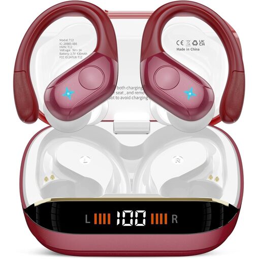 Auriculares inalámbricos KALANKA Bluetooth, auriculares estéreo Bluetooth 5.4 con cancelación activa de ruido, auricular resistente al agua IP7 para deportes y carreras, rojo