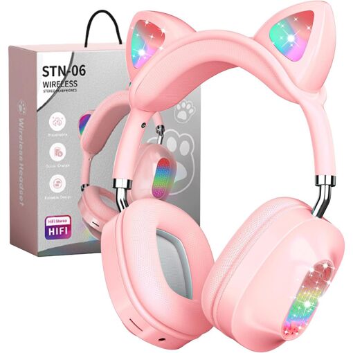 Auriculares inalámbricos Bluetooth KALANKA para chat con orejas de gato estéreo para niños con micrófono y luz LED (Rosa)