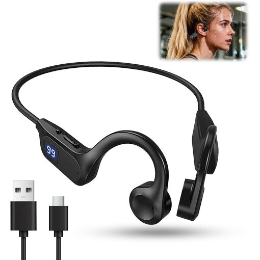 Auriculares KALANKA de Conducción Ósea Bluetooth, Modo Dual MP3/Bluetooth Audífonos Abiertos con Pantalla LCD, Resistentes al Agua IPX5 Auriculares Deportivos para Fitness Ciclismo Carrera