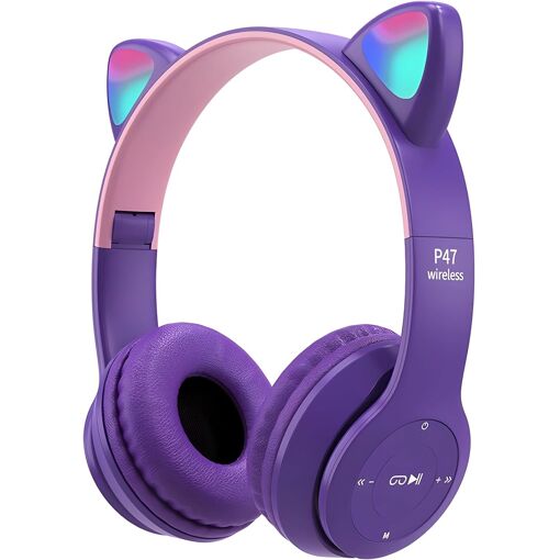 KALANKA Auriculares con Orejas de Gato, Auricular Bluetooth para Niños, Auricular Inalámbrico para Escuela/Mesa/PC con Iluminación LED RGB