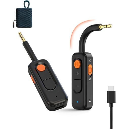 Adaptador de coche KALANKA Bluetooth 5.4 2 en 1 Receptor y Emisor AUX con batería de 180 mAh para auriculares (10 horas de reproducción)