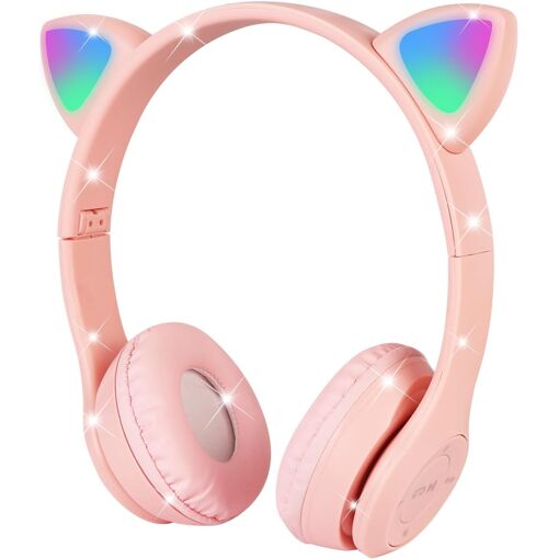 Auriculares inalámbricos para niños KALANKA, auricular Bluetooth para niños con micrófono HD/luces LED, sonido estéreo para niños, Bluetooth inalámbrico para teléfono inteligente, tableta, Kindle (Rosa)