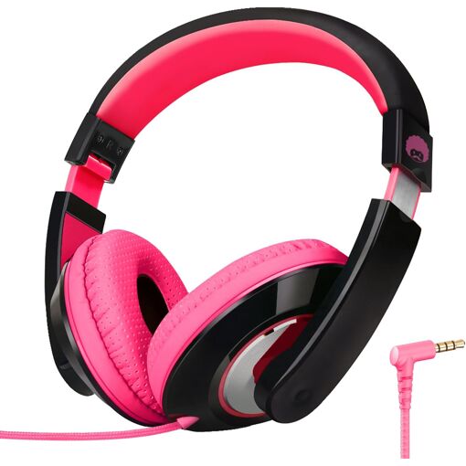 Auriculares KALANKA para niños, auriculares con cable tipo Over-Ear con conector de 3,5 mm, banda ajustable para la escuela, los viajes y los teléfonos PC (Negro Rosa)