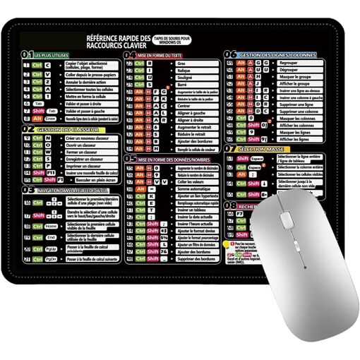 KALANKA Tapis de Souris - Noir, avec Raccourcis Clavier Excel, Antidérapant (25 x 30 cm)