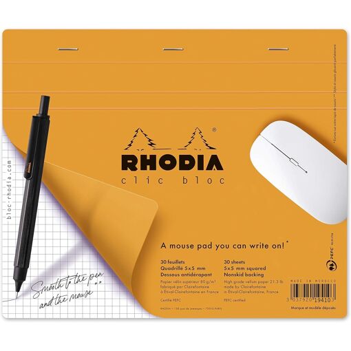 Bloc de Notas Tapis de Ratón KALANKA Rhodia 19410C, Naranja - 19 x 23 cm - Cuadrados Pequeños - 30 Hojas Desprendibles - Papel Clairefontaine Blanco 80 g/m² - Base Antideslizante