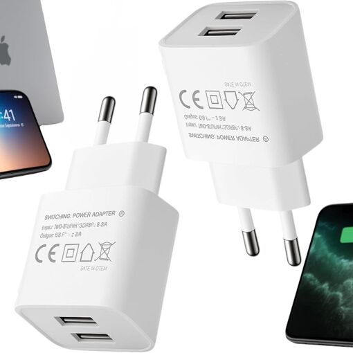KALANKA 2-Port USB Wall Charger, Quick Charge 5V/2A, European Type C Plug, Universal USB Adapter for Mobiles, Tablets, Headphones - Certified CE (Pack of 2)