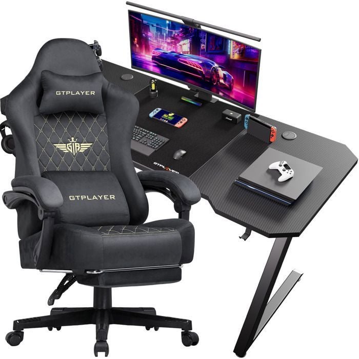 Gtplayer Gaming Chair and Desk Set - Grey Fabric - 49x66x133 cm