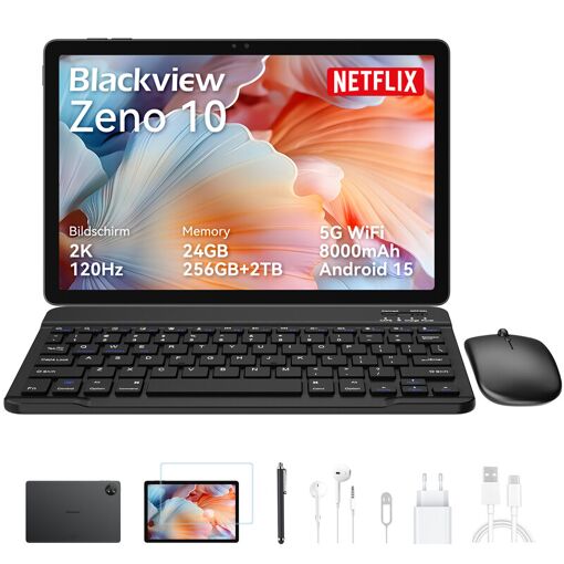 Blackview Zeno 10 Tablet, 11-inch FHD Screen, 5G, Android 15, Gemini AI, Unisoc T8200, 24GB RAM + 256GB ROM, 8800mAh, PC Mode, Widevine L1, Face ID, 16MP+13MP Cameras, GPS, OTG, Gaming Tablet with Keyboard and Stylus