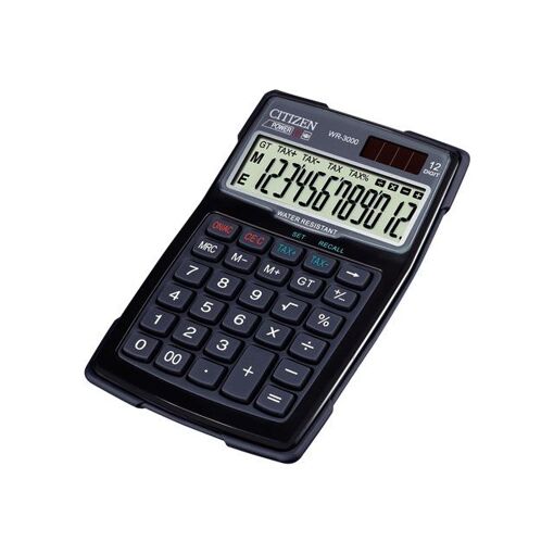 Calculatrice de bureau Esselte Citizen WR-3000 - 12 chiffres - Alimentée par panneau solaire et pile - Noir