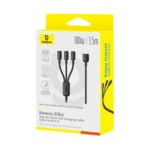 Cable de carga rápida Baseus Silky One-for-Three 100W - Negro cósmico/1,5m