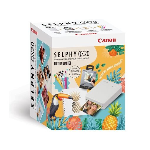 Imprimante photo Canon Kit Été Selphy QX20 Blanche + 1 carnet et 20 tirages inclus