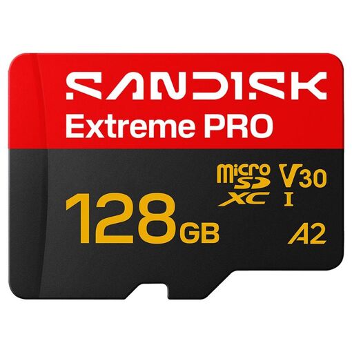 Carte mémoire flash SanDisk Extreme PRO (adaptateur SD inclus) - 128 Go - A2 / Classe vidéo V30 / UHS-I U3 - MicroSDXC UHS-I