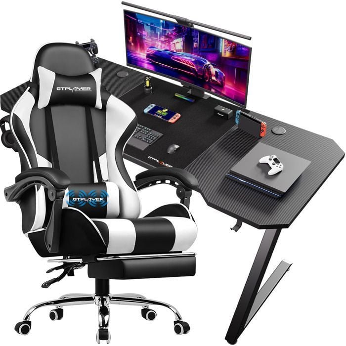 Gtplayer Gaming Chair with Integrated Desk - White