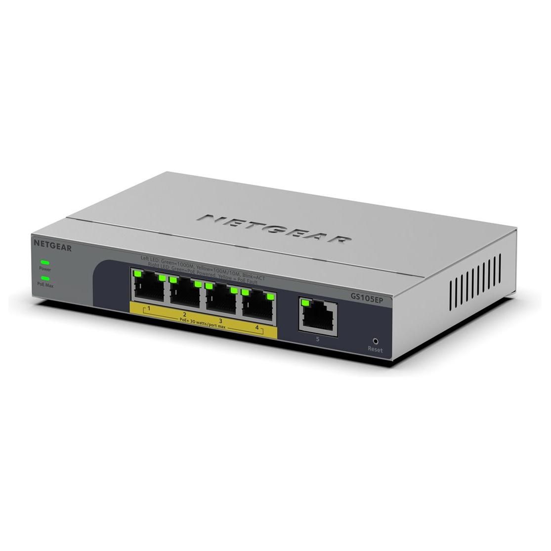 Netgear Easy Smart GS105EP - Gigabit Switch - C3 - 1x PoE+ 10/100/1000 + 4x PoE+ 10/100/1000 - Desktop, Wall Mountable - 63W PoE+