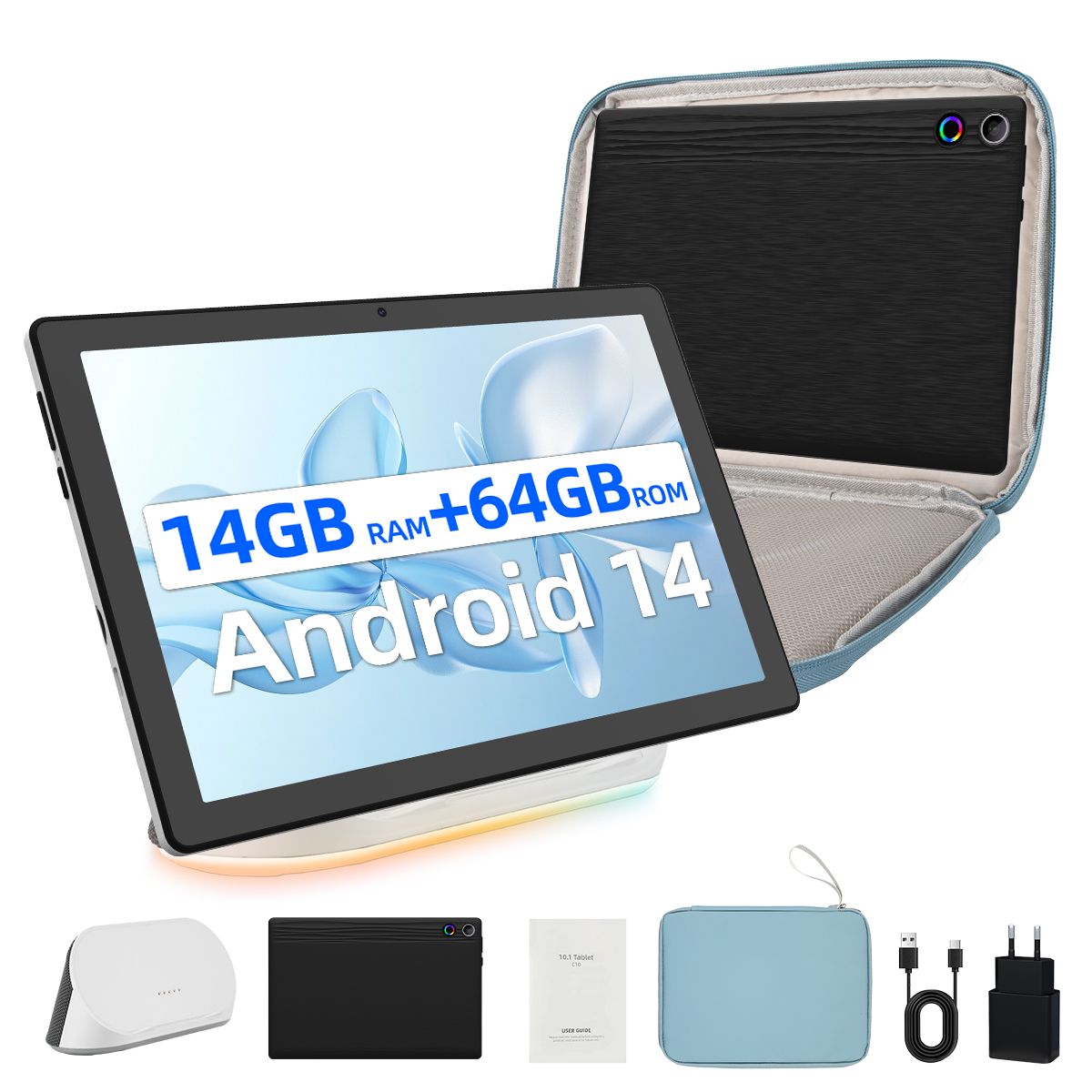 AEEZO 10" Octa-Core Android Tablet, 14GB RAM + 64GB ROM (Up to 1TB), 1280x800 HD, 5MP+8MP Cameras, Wi-Fi 6 BT 5.3, AI Cloud Album, Speaker Dock Charger & Blue Sleeve