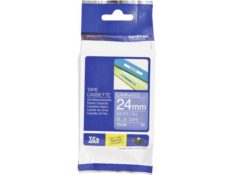 Brother TZe-555 24mm x 24mm White on Blue Tape