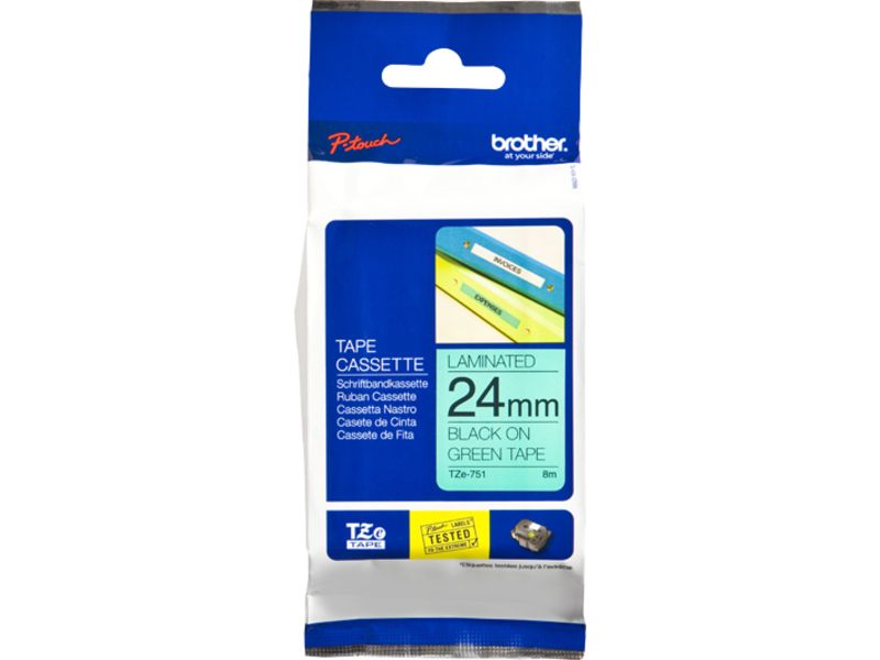 Brother TZe-751 Tape - 24mm x 24mm - Black on Green