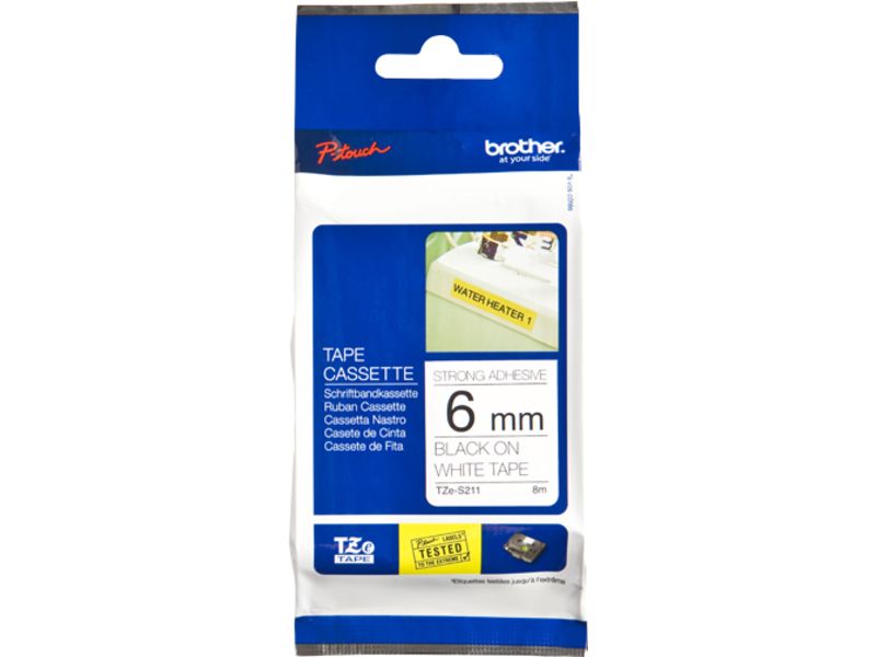 Ruban Brother TZe-S211 - 6 mm - Noir sur Blanc