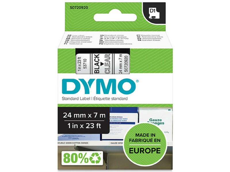 Ruban Dymo Noir sur Transparent 24 mm x 24 mm