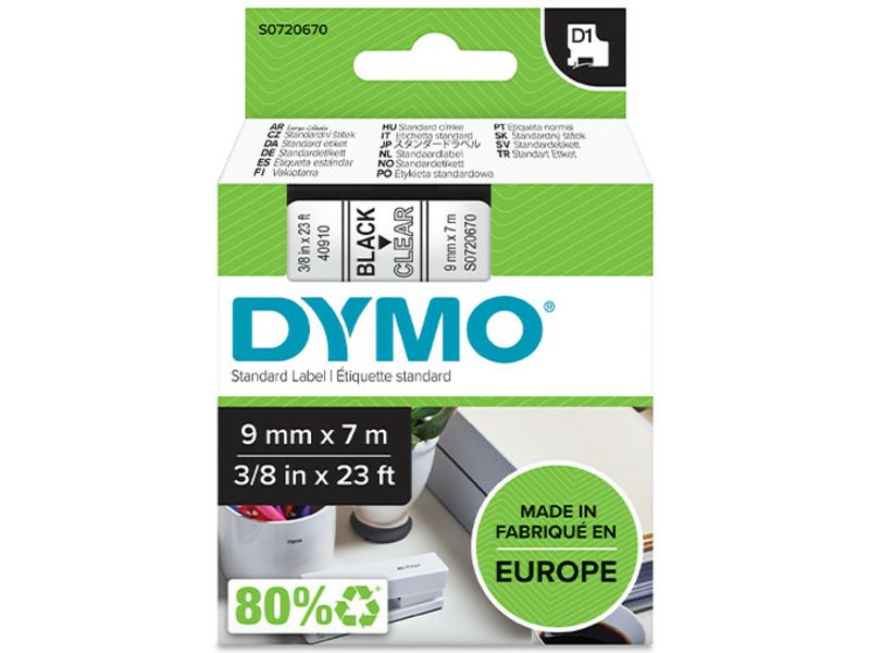 Ruban Dymo S0720670, 9 mm, Noir sur transparent