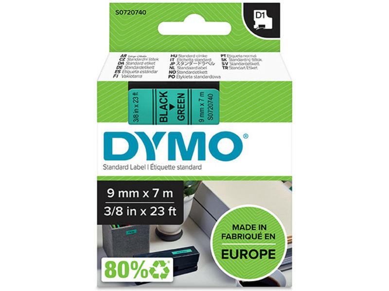 Ruban Dymo 9 mm Noir sur Vert