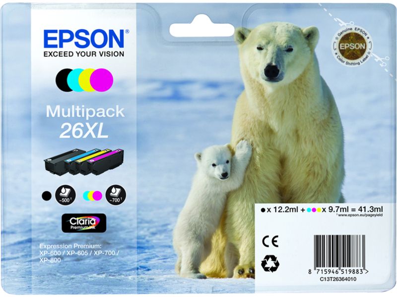 Cartouche d'encre Epson 26XL (C13T26364012) - 4 couleurs - Grande capacité - Multipack