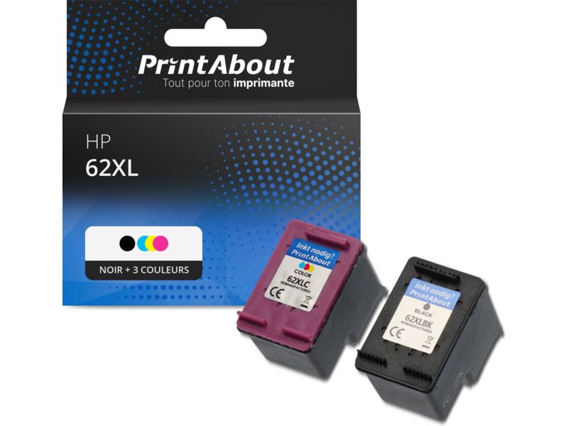 Cartouche compatible HP 62XL (N9J71AE) - Noir + 3 couleurs - Multipack