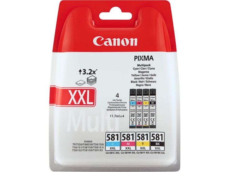 Cartouche d'encre Canon CLI-581XXL - 4 couleurs - Grande capacité - Multipack