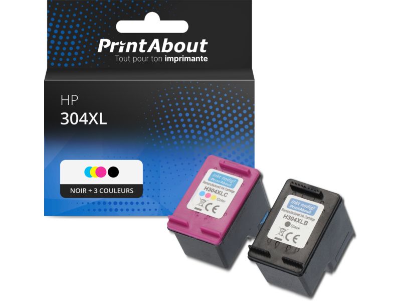 Cartouche compatible PrintAbout HP 304XL (3JB05AE) - Noir + 3 couleurs - Grande capacité - Multipack