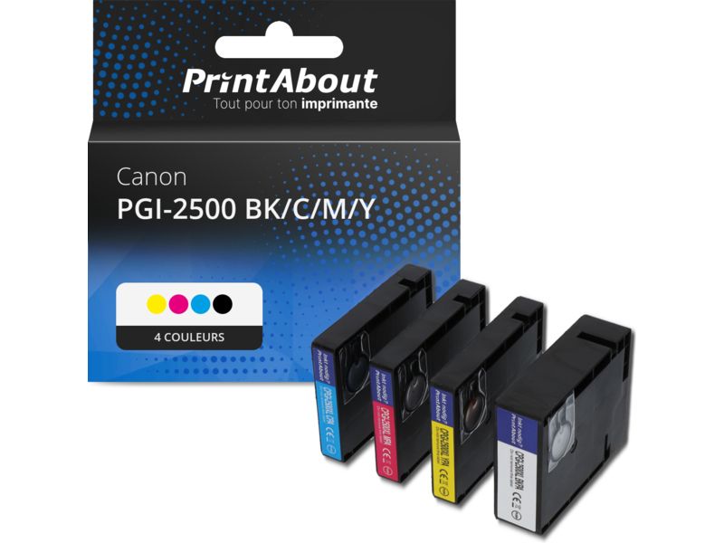 PrintAbout Canon PGI-2500 Multi-Color Ink Cartridge - 4 Colors - Pack of 4