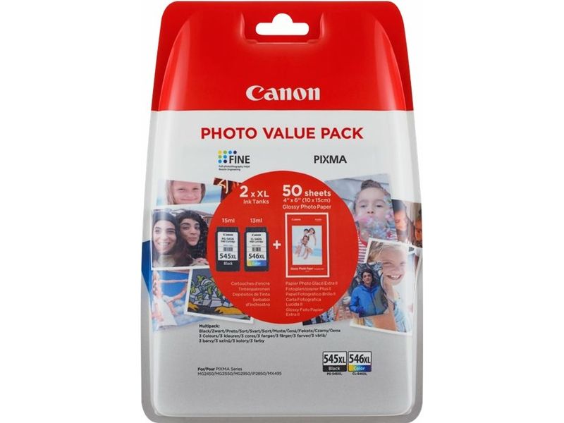 Cartouche d'encre Canon PG-545XL / CL-546XL haute capacité, noir + 3 couleurs (paquet multiplas)