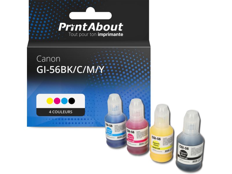 Cartouche d'encre compatible Canon GI-56 multipack - Noir, Bleu, Rouge, Jaune - 4 couleurs