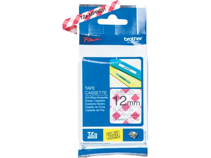 Ruban Brother TZe-MPRG31 - Motif carreaux rouge - Noir sur blanc