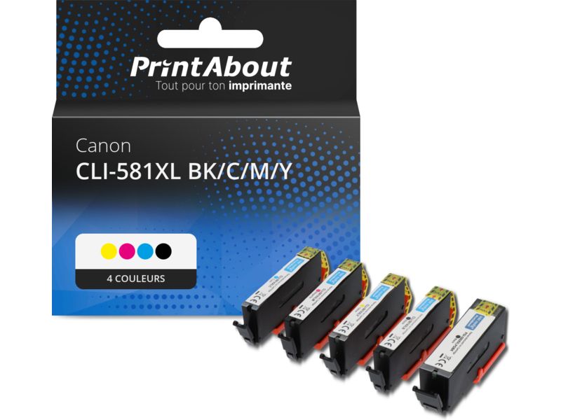 Cartouche d'encre compatible Canon CLI-581XL Multipack - Noir, Cyan, Magenta, Jaune - Grande capacité